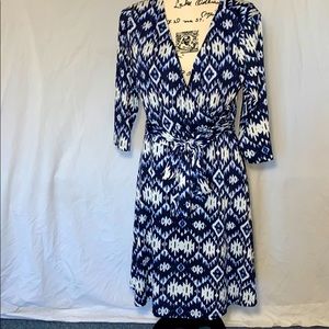 Navy Blue and White Faux Wrap Dress, EUC, XL